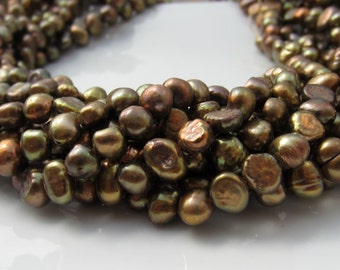 Olive Nugget Pearls, Freshwater Pearls, Olive Green Peacock, Bronze Pearls 6.5mm-7mm Real Pearls, Genuine Pearls, Full Strand NP104
