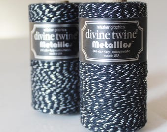 Black Metallic Divine Twine, Black and Silver String, Bakers Twine, Cotton Stripe Bulk Twine, Full spool, 240 yards, Striped Craft String