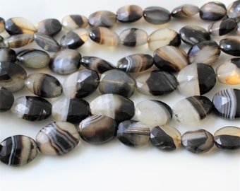 Banded Agate, White Agate, Brown Agate Beads, Center Drilled Agate, Faceted Oval Stones, Black Agate, Large Beads, Full Strand 11mm - 20mm