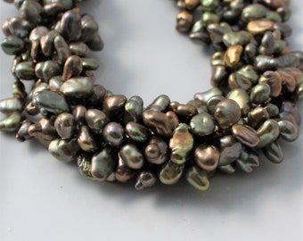 Green Keshi Pearls, Olive Keshi Pearls, Petal Pearls, Top Drilled Keshi, Olive Pearls, Cornflake Pearl Green Pearl 8-11mm Full Strand KP317