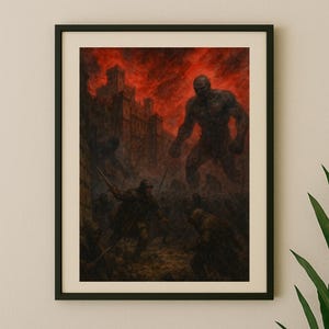 May include: Framed artwork showing a battle scene with a giant figure towering over soldiers. The artwork uses a dark colour palette with red and brown hues, creating a dramatic and intense atmosphere.