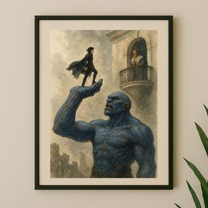 May include: Framed art print showing a fantasy scene. A giant blue humanoid figure holds a person in black clothing. A king observes from a balcony. The artwork is in a watercolour style with a muted colour palette.