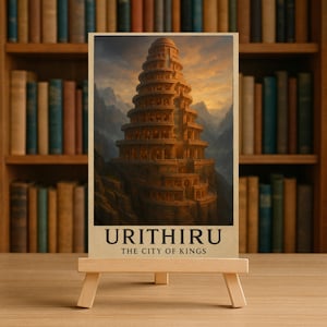 May include: A print depicting a tiered, brown stone structure with the text "URITHIRU THE CITY OF KINGS" set against a mountain and sunset backdrop. The print is on a small wooden easel, in front of a bookshelf.