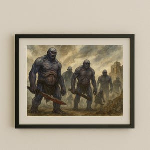 May include: Framed artwork showing a group of muscular, blue-skinned figures with weapons, advancing towards a ruined building. The figures are set in a bleak, overcast environment, evoking a fantasy or mythological setting.