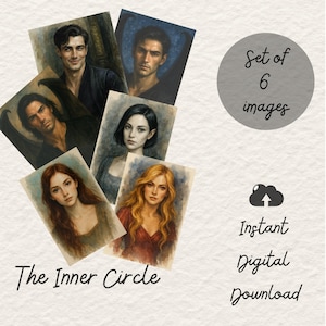 May include: Set of six digital illustrations of characters from the book "The Inner Circle". The illustrations are in a watercolor style and feature a variety of characters, including a man with dark hair and a woman with long, flowing hair.