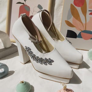 Handmade White Lace Bridal Shoes: Pearl Block Heel Wedding Pumps