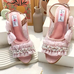 Pink Ruffle Wedding Shoes: Pearl Low Block Heels