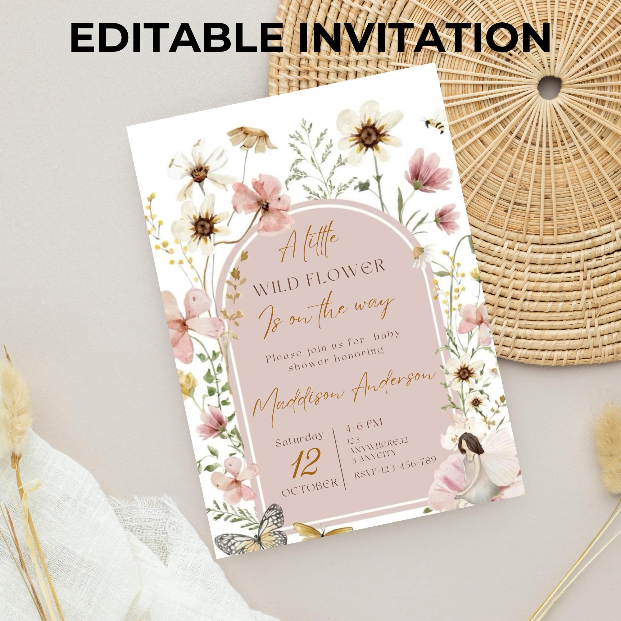 Little Wildflower on her Way Baby Shower Invitation Floral Baby Invite Baby Shower Wildflower Invitation, editable invitation