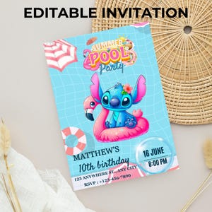 Invito di compleanno per ragazza a Stitch Pool Party, invito a Stitch modificabile, invito per festa alle Hawaii, invito di compleanno tropicale per festa per ragazza