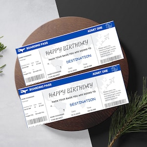 Überraschungs-Geburtstagsreise-Karte, druckbare alles Gute zum Geburtstag Bordkarte, druckbare Geburtstag Reiseticket-Vorlage, Flugticket-Geschenk