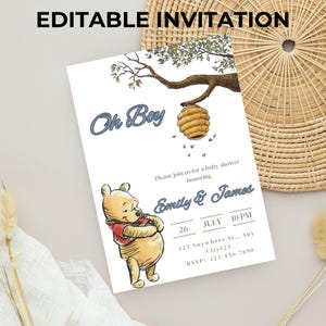 Editable Winnie the Pooh Baby Shower Invitation, Digital Invitation Oh Boy, Winnie The Pooh Invitation, Pooh Printable Template, Pooh Baby