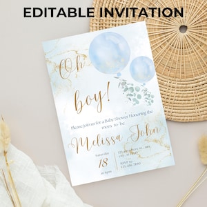 Editable Oh Boy Baby Shower Invitation, Boy Navy Blue Balloon Baby Shower Invitation, Blue Baby Shower Watercolor Blue Gold Glitter Template