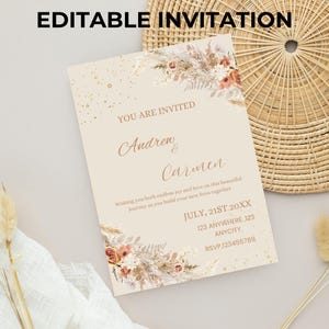 pampas grass Wedding Invitation template Boho grass wedding Invitation Bohemian wedding invite card printable pampas wedding incitation
