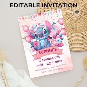Invito di compleanno Stitch and Angel: modello modificabile e stampabile – Bellissimo invito per il compleanno del tuo piccolo, modificabile in Canva
