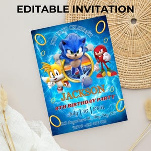 Convite de aniversário editável do Sonic, modelo de convite para festa do ouriço para impressão, para convite de menino e menina, convite para download instantâneo