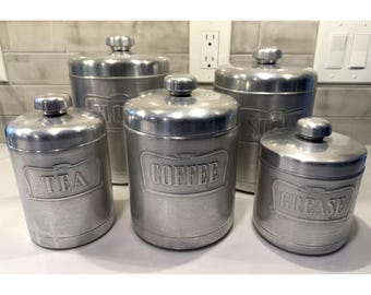 Vintage Heller Hostess Ware Aluminum Canister Set 5 Piece with Grease Jar Italy