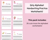 26 Girly Handwriting Practice Printable, Trace the Alphabet Worksheets, Homeschool Kindergarten Preschool Tracing Worksheets for Kids