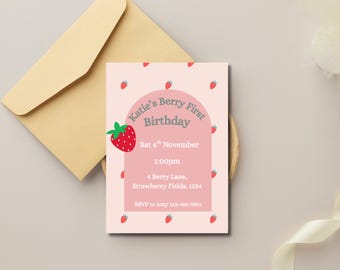 Editable Strawberry Birthday Invitation, Berry First Birthday (Digital Download)