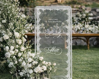 Sheer Lace Wedding Welcome Sign Banner:  Tulle Fabric Outdoor Garden Signage