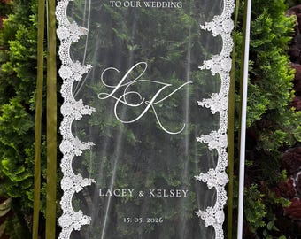 Sheer Lace Wedding Welcome Sign on Veil: Clear Tulle, Fabric Ceremony Reception Signage Banner