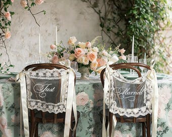 Vintage Lace Just Married Wedding Chair Signs - Bride & Groom Sweetheart Table Banner Decor