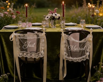 Sheer Just Married Lace Signs for Wedding Chairs - Outdoor Garden Head Table Sign Decor