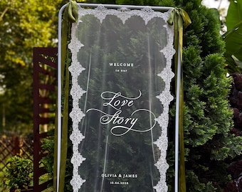 2026 Romantic Sheer Welcome Sign: Tulle Wedding Signage with Lace, Fabric Ceremony Reception Banner Backdrop