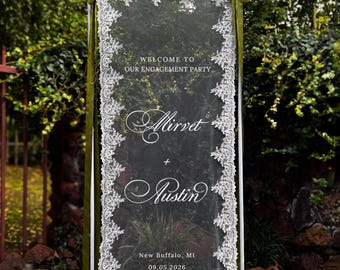Personalized We’re Engaged Sign: Sheer Lace Engagement Sign for Party