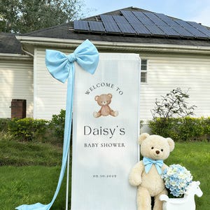 Fabric Linen Welcome Baby Shower Sign, Bear Theme Gender Reveal Party Signage Banner, First Birthday Decor Backdrop