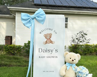 Fabric Linen Welcome Baby Shower Sign, Bear Theme Gender Reveal Party Signage Banner, First Birthday Decor Backdrop