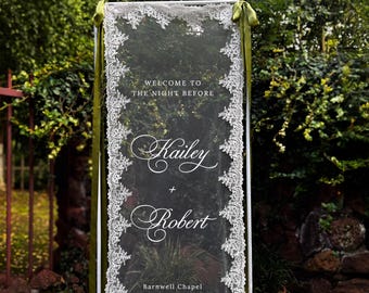 Sheer Lace Welcome to The Night Before Wedding Sign: Rehearsal Dinner Fabric Wedding Decorations