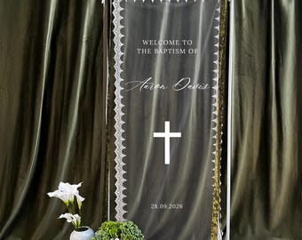 Personalized Lace Baptism Sign: Personalized God Bless Fabric Banner Backdrop