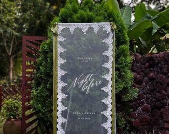 Welcome to the Night Before Sign – Personalized  Lace  Tulle & Sheer Fabric Banner for Wedding, Bridal Shower, Baby Shower