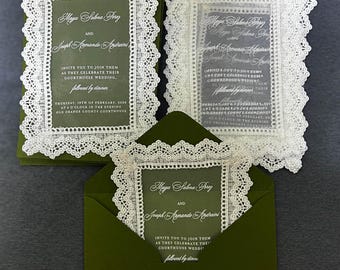 Personalized Sheer Lace Wedding Invitations:  Classic old Hollywood Fabric Wedding Stationary Item