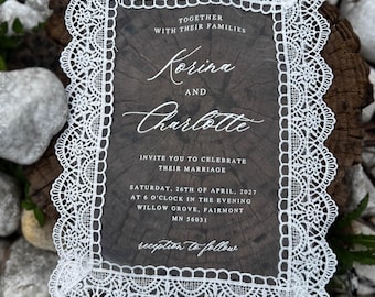 Custom Handmade Vintage Sheer Lace Wedding Invitation:  Classic Fabric Old Money Wedding Card