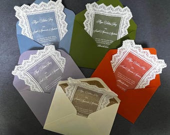 Personalized Handmade Vintage Sheer Lace Wedding Invitation:  Classic Fabric Old Money Wedding Card