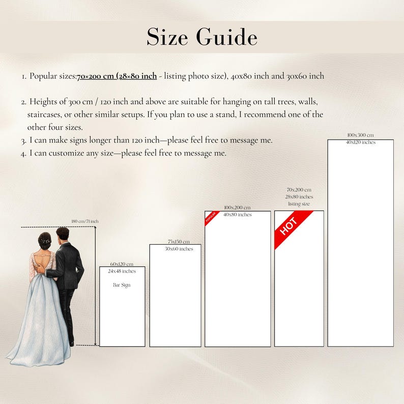 May include: A size guide chart for signage featuring text and five rectangular outlines with dimensions in cm and inches. It includes a graphic of a couple standing next to a 180 cm by 71 inch height reference. Text includes Size Guide and various measurements.