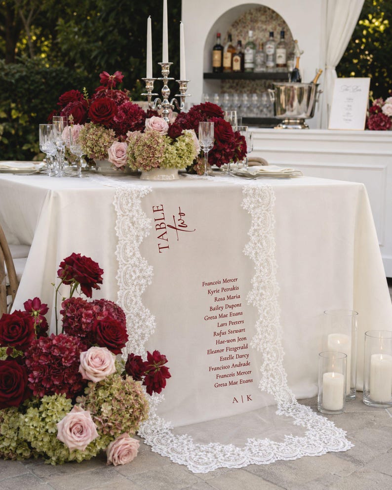 以下が含まれることがあります： TABLE TWOという文字と、Francois Mercer、Kyrie Petrakis、Rosa Maria、Bailey Dupont、Greta Mae Evans、Lars Peeters、Rufus Stewart、Hae-won Jeon、Eleanor Fitzgerald、Estelle Darcy、Francisco Andrade、Francois Mercer、Greta Mae Evansという名前のリスト、そしてイニシャルA | Kが記された、白いレースの縁取りがあるクリーム色のテーブルランナー。