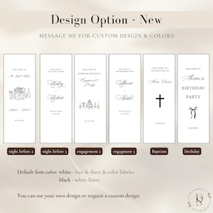 May include: Six vertical rectangular signs featuring black text and line art illustrations on a white background. Designs include event titles like Welcome to The Night Before, Engagement Party, Baptism, and Birthday Party with dates and names.