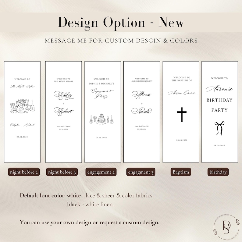 May include: Six vertical rectangular signs featuring black text and line art illustrations on a white background. Designs include event titles like Welcome to The Night Before, Engagement Party, Baptism, and Birthday Party with dates and names.