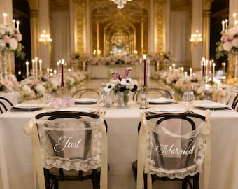Lace Just Married Signs for Chairs - Indoor Banquet Hall Wedding Table Sign Banner