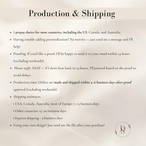 May include: Text on a beige background reads "Production & Shipping" followed by bullet points detailing order processing, proofing, and shipping estimates for various regions, including the US, Canada, and Australia. A logo is in the bottom right corner.