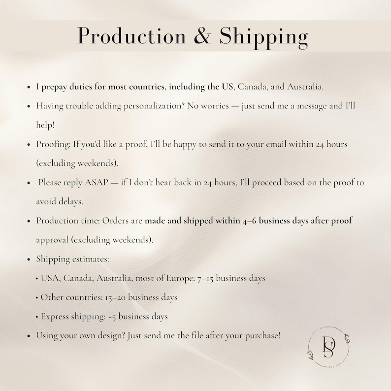 May include: Text on a beige background reads "Production & Shipping" followed by bullet points detailing order processing, proofing, and shipping estimates for various regions, including the US, Canada, and Australia. A logo is in the bottom right corner.