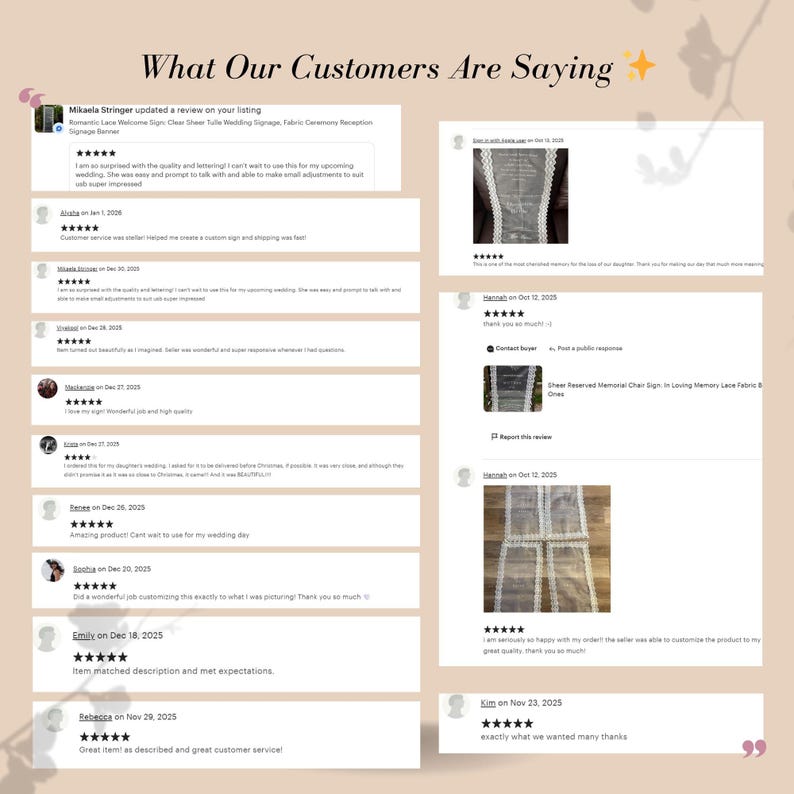 May include: A digital collage titled What Our Customers Are Saying featuring multiple five-star customer reviews for custom lace wedding signage. The layout includes text-based feedback and small thumbnail images of sheer fabric banners with lace trim.
