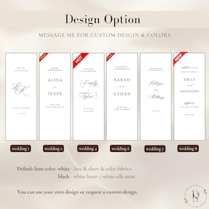 May include: Six vertical rectangular wedding sign templates with white backgrounds and black text. Each design features different typography and layout options for names and dates. Red corner tags labelled Popular, Hot, and New are visible.
