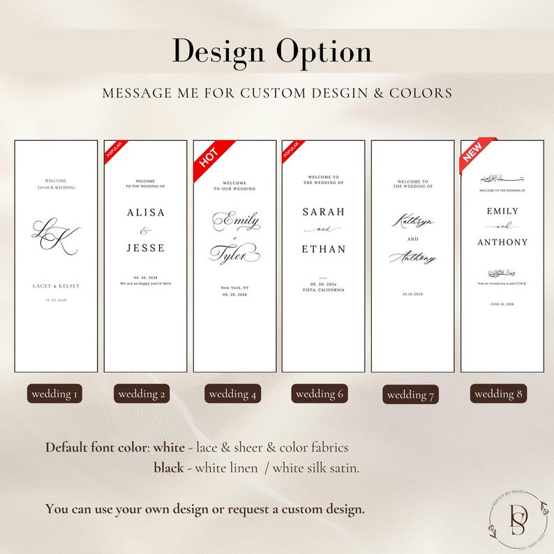 May include: Six vertical rectangular wedding sign templates with white backgrounds and black text. Each design features different typography and layout options for names and dates. Red corner tags labelled Popular, Hot, and New are visible.