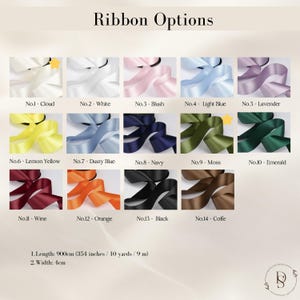 May include: A selection of fourteen ribbon colors, including white, pink, blue, and green, are displayed with their names. The image also shows the ribbon's dimensions: 354 inches (10 yards) in length and 4 cm in width.