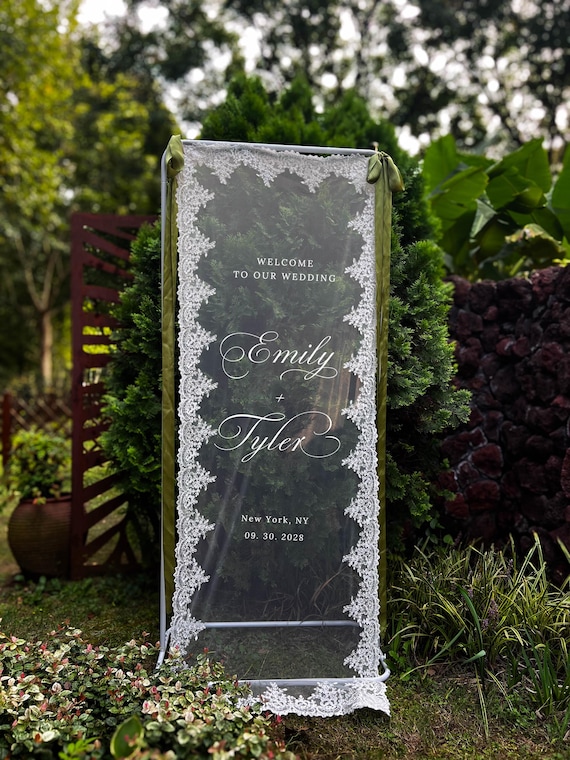 Romantic Lace Welcome Sign: Clear Sheer Tulle Wedding Signage, Fabric Ceremony Reception Signage Banner