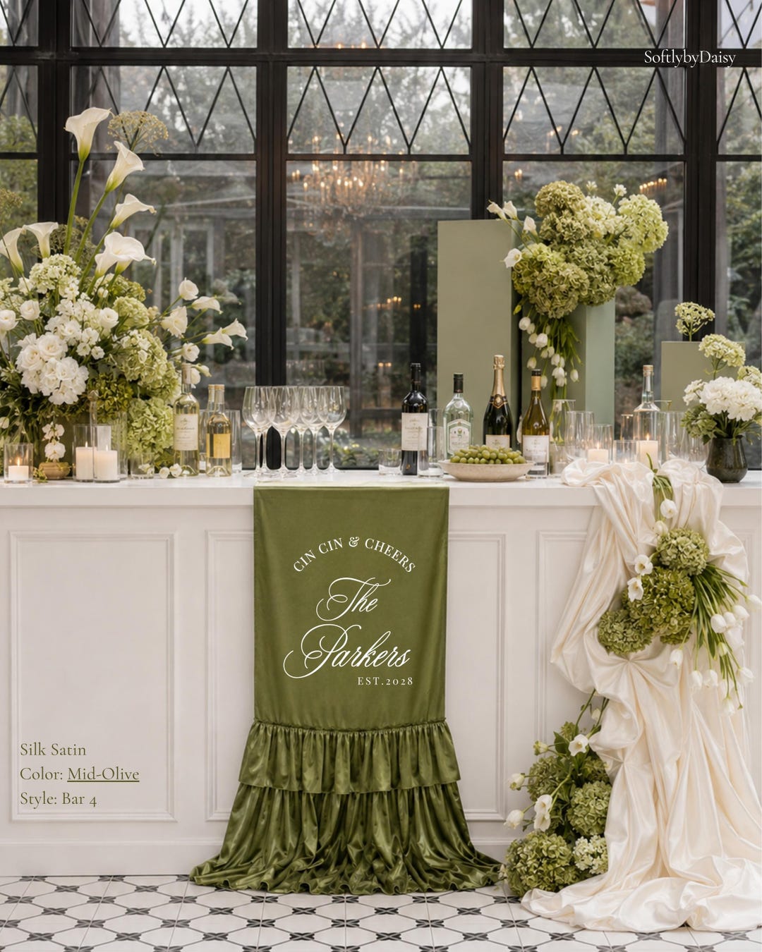 Olive Ruffled Wedding Bar Sign, Silk Green Cheers to Open Bar Signage Olive Ruffled Wedding Bar Sign, Silk Green Cheers to Open Bar Signage