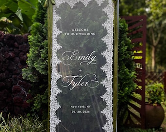 Romantic Lace Welcome to The Wedding Sign: Sheer Tulle Wedding Signage, Fabric Ceremony Reception Signage Banner